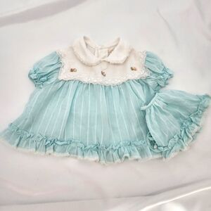VTG Catton Candy Baby‎ Girl Dress Bonnet 18M Blue Pink Ruffle Rosette Lace